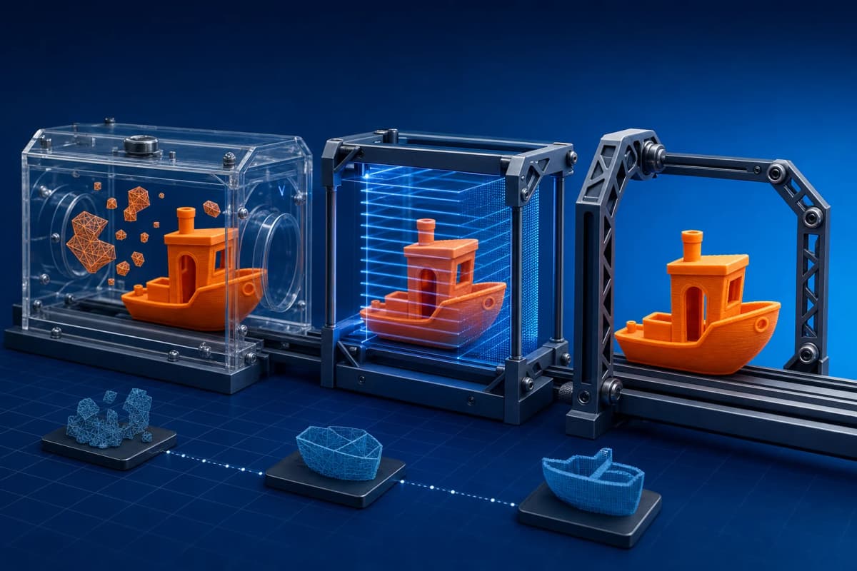 An orange 3D-printed boat moving through transparent file inspection and mesh scanning stages